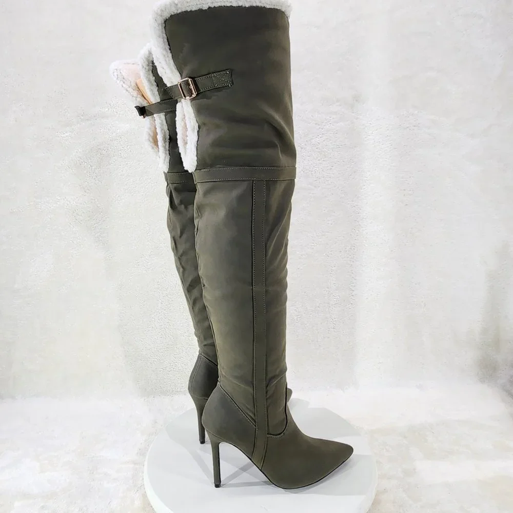 Olive Green Fluffy Fleece Lined  Fold Under / Over the Knee Pointy Toe Boots - Picture 9 of 13